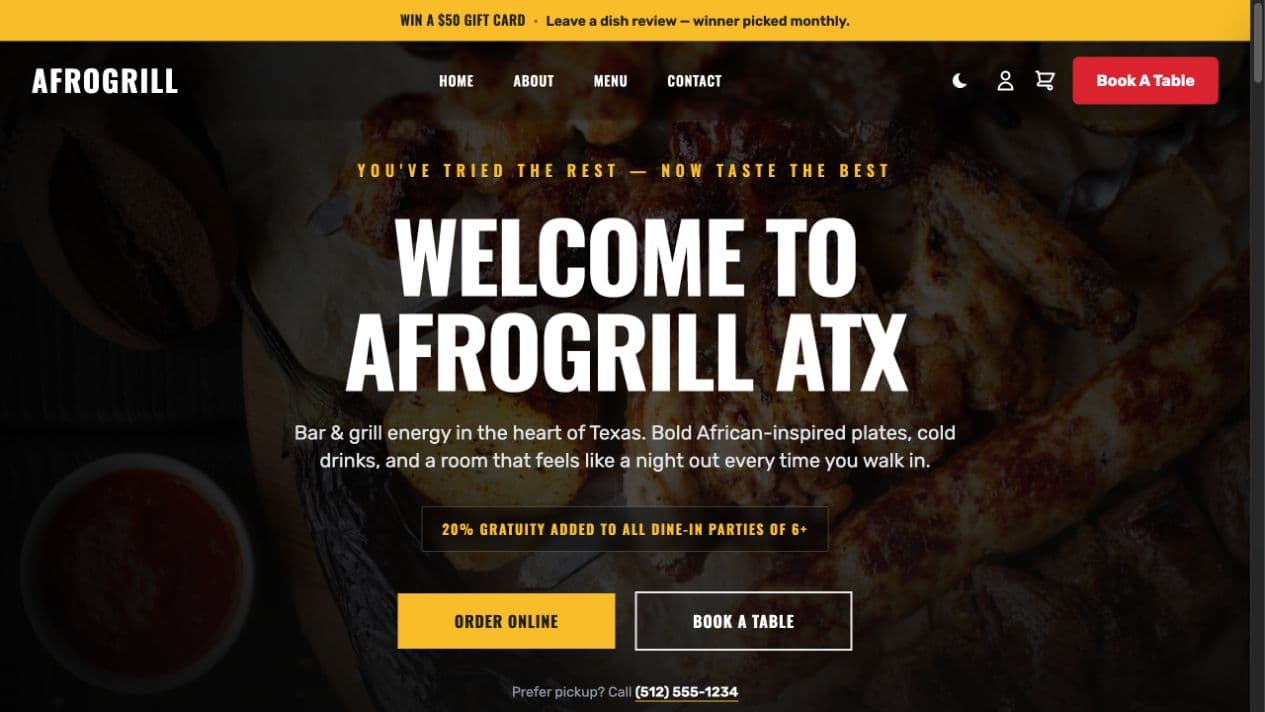 Afrogrill ATX website homepage