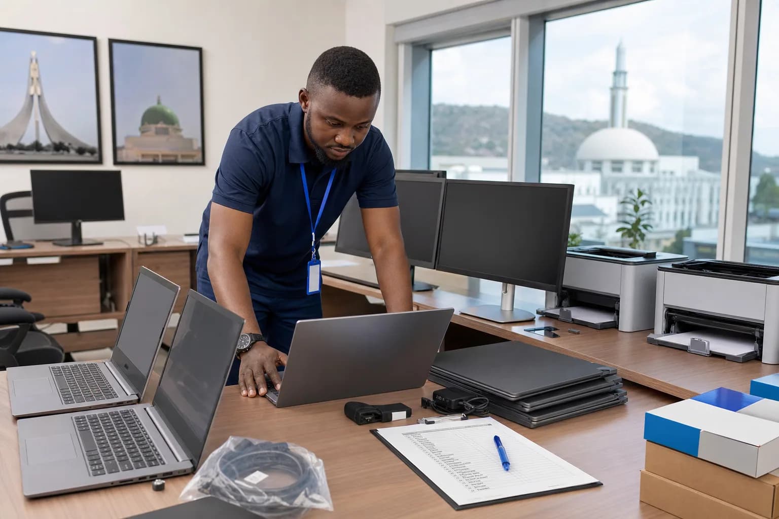 Technician preparing equipment and installation records