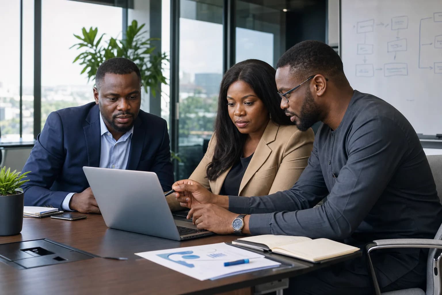 Nigerian business leaders reviewing a CRM implementation with a solutions architect